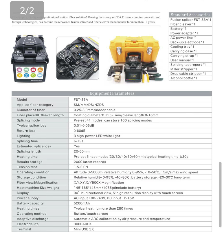 FST-83A เครื่องฟิวชั่นไฟเบอร์ออปติก 6 เวลาต่อมอเตอร์ 6 ถึง 12S ความยาว 20 มม. ถึง 60 มม