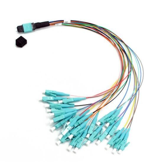 OM3 24 Core MM ไฟเบอร์ออปติก MPO, 0.9 มม. MPO ถึงสายไฟเบอร์ LC