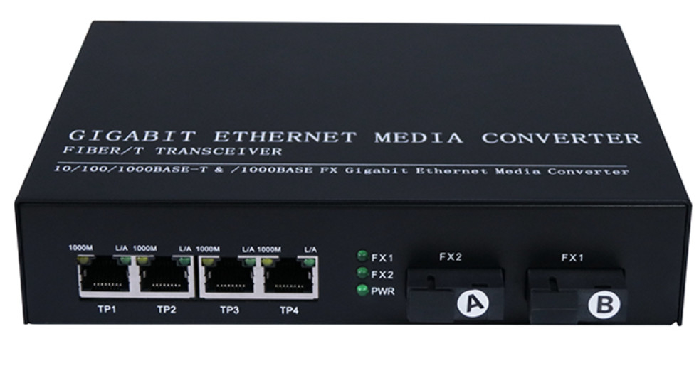 IP30 QoS SNMP ตัวแปลงไฟเบอร์ออปติก 10/100/1000 Gigabit 4 Rj45 1.25Gbps